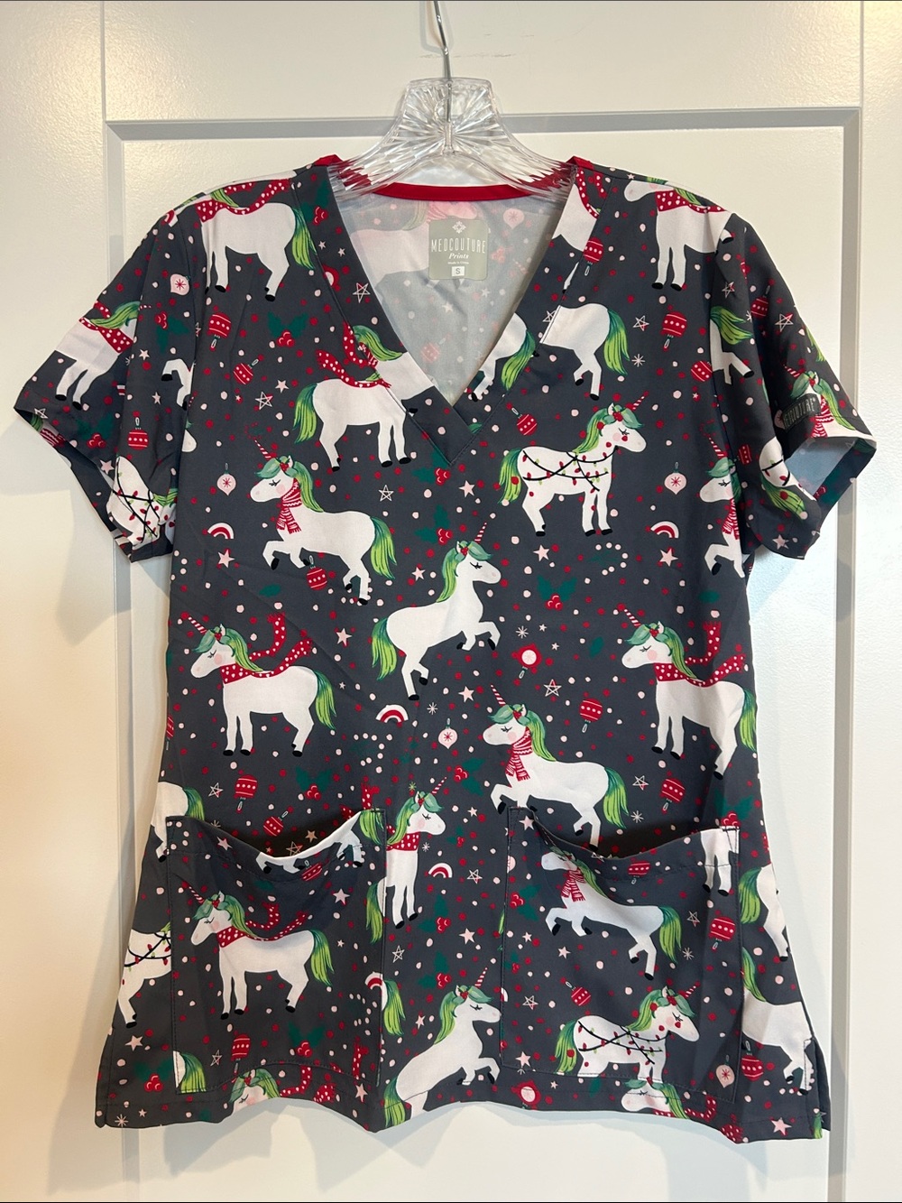 Med Couture Unicorn Print V-Neck Scrub Top in Dark Gray size Small
